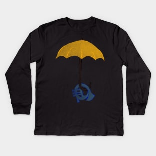 Yellow umbrella and blue horn - black Kids Long Sleeve T-Shirt